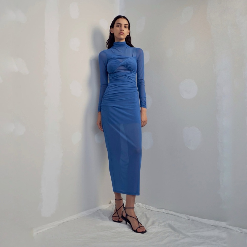 MISHA Madrigal Blue Mesh Long Sleeve Midi Dress L